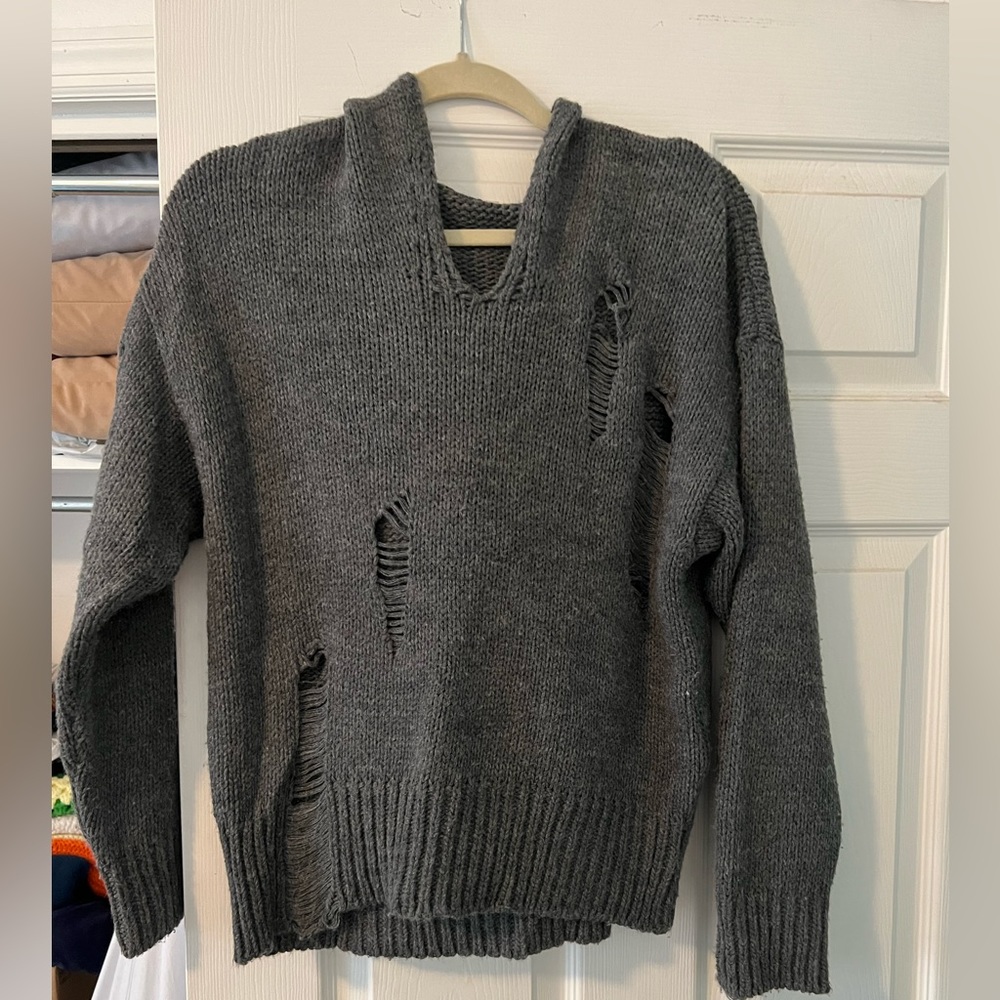 Don’t ask why grey hooded ripped sweater